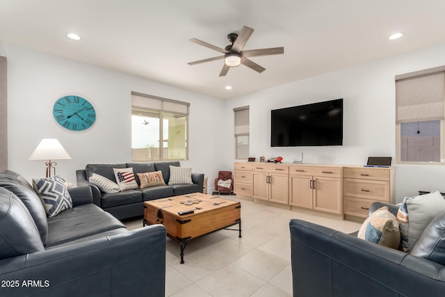 10545 E Texas Ave, Mesa, AZ 85212 - living room with ceiling fan, light tile patterned flooring, and recessed lighting