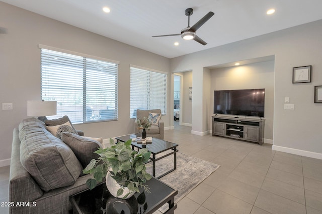 16935 W Sheridan St, Goodyear, AZ 85395 - living area featuring a ceiling fan, recessed lighting, baseboards, and light tile patterned floors