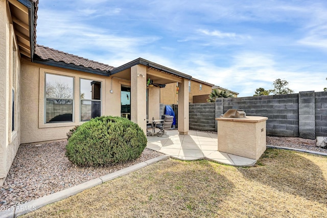 view of yard with a patio and ceiling fan