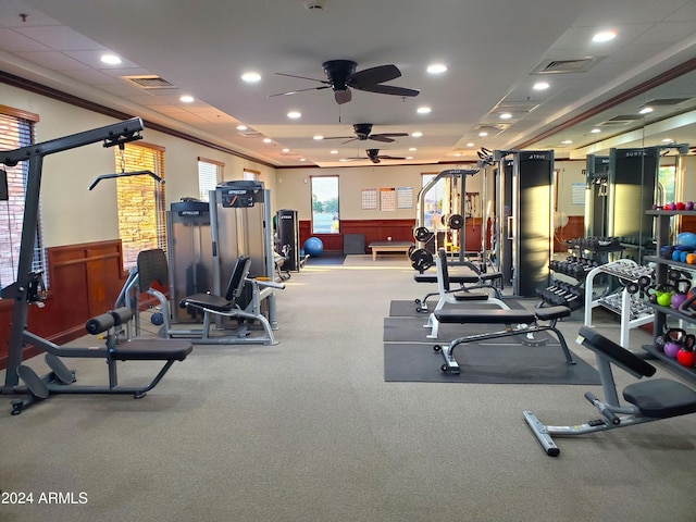 workout area featuring ceiling fan