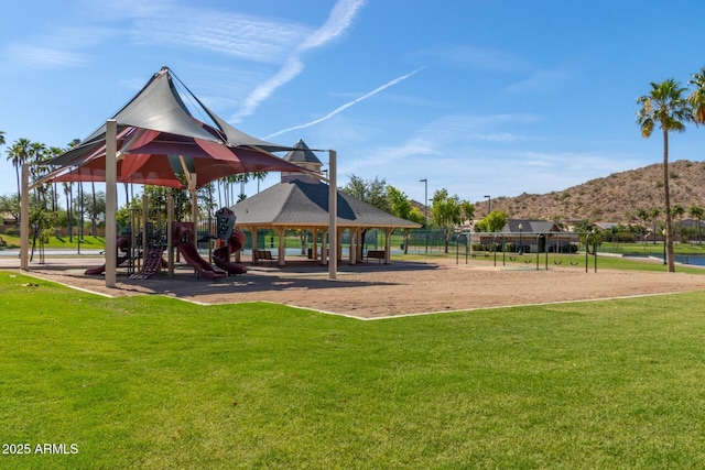 view of jungle gym with a gazebo and a yard