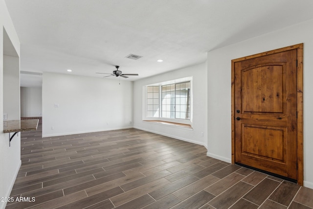 entrance foyer featuring wood finish floors, visible vents, baseboards, and recessed lighting