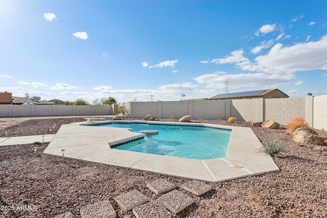 view of pool featuring a fenced in pool, a fenced backyard, and a patio