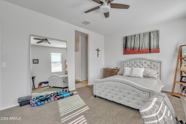 carpeted bedroom featuring ceiling fan