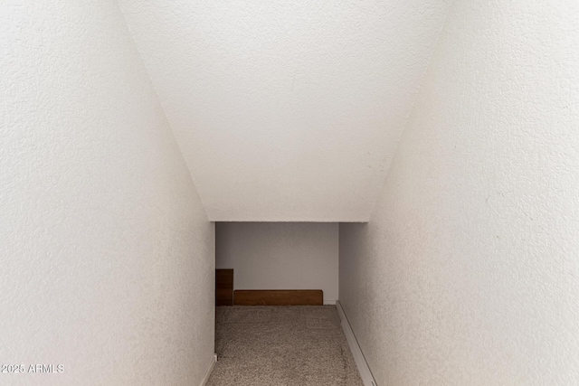 stairway with baseboards and carpet flooring