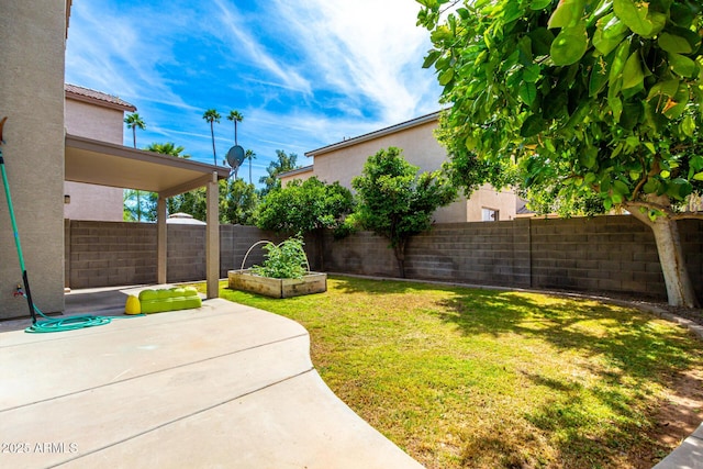 view of yard with a fenced backyard and a patio