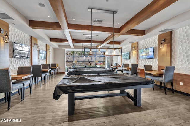 playroom featuring coffered ceiling, beam ceiling, billiards, and light hardwood / wood-style flooring