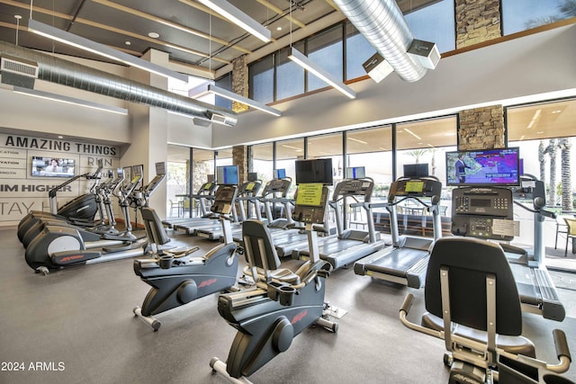 gym featuring a towering ceiling and a healthy amount of sunlight