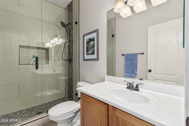 bathroom with vanity, toilet, and walk in shower