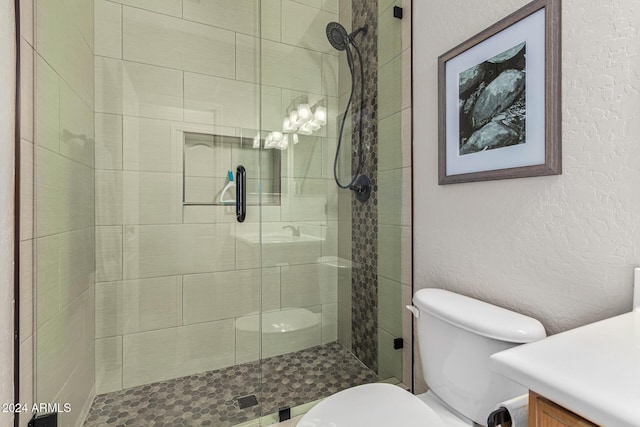 bathroom with vanity, toilet, and a shower with door