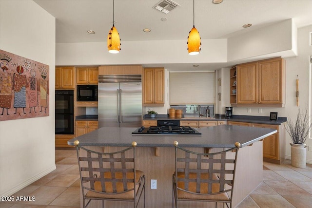 9432 N Longfeather, Fountain Hills, AZ 85268 - kitchen featuring black appliances, dark countertops, open shelves, a kitchen island, and light tile patterned flooring