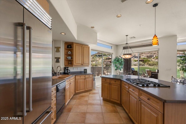 9432 N Longfeather, Fountain Hills, AZ 85268 - kitchen featuring appliances with stainless steel finishes, open shelves, a sink, dark countertops, and recessed lighting