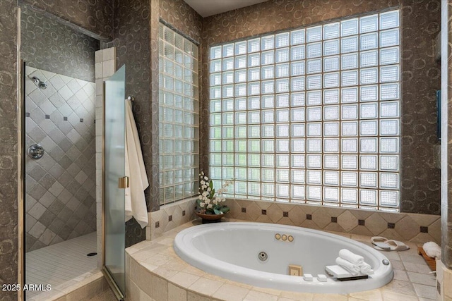 9432 N Longfeather, Fountain Hills, AZ 85268 - bathroom with a jetted tub, a shower stall, and wallpapered walls
