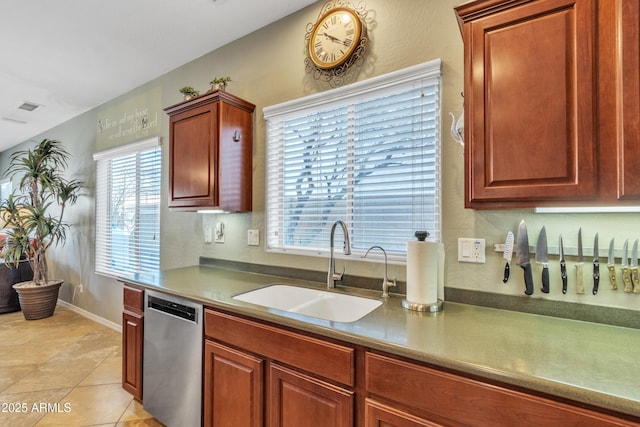 kitchen with light tile patterned floors, a sink, visible vents, baseboards, and stainless steel dishwasher