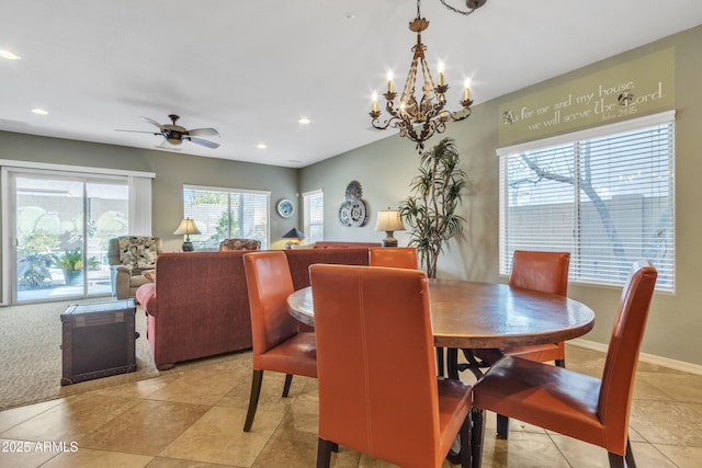 dining room featuring a ceiling fan, recessed lighting, and baseboards