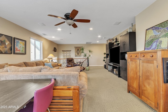 living area with ceiling fan, recessed lighting, light carpet, visible vents, and baseboards