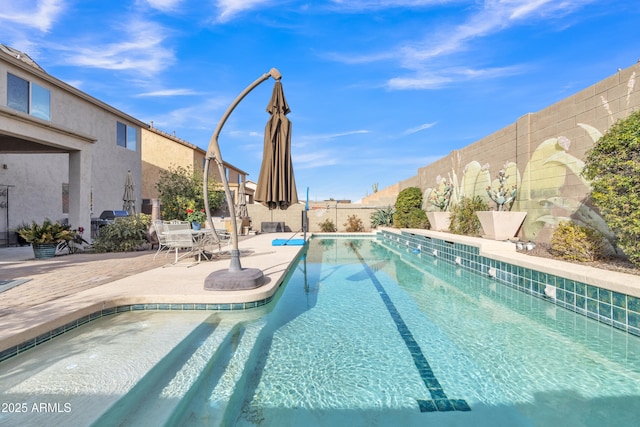 view of pool with a patio, a fenced backyard, and a fenced in pool