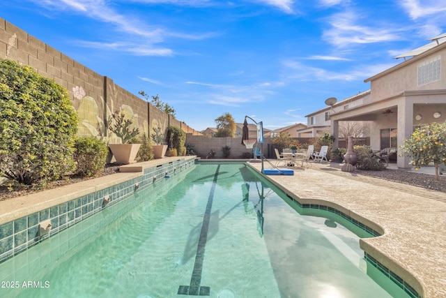 view of pool featuring a patio area, a fenced backyard, and a fenced in pool