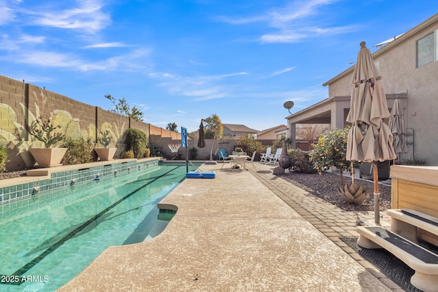 view of swimming pool featuring a patio area, a fenced backyard, and a fenced in pool