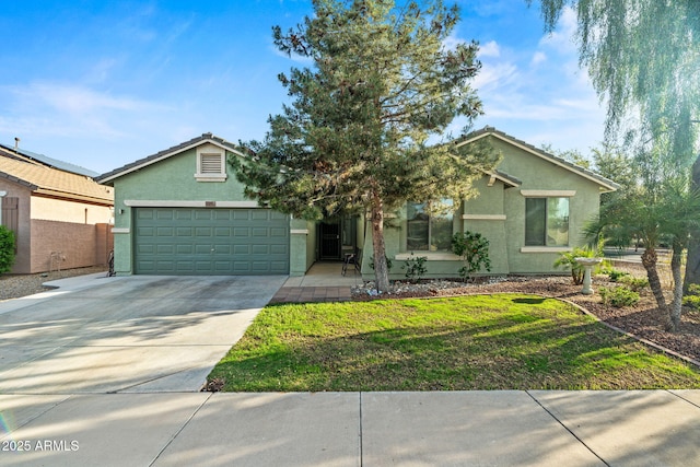 18057 W Port Royale Ln, Surprise, AZ 85388 - ranch-style home with concrete driveway, stucco siding, an attached garage, a tiled roof, and a front lawn