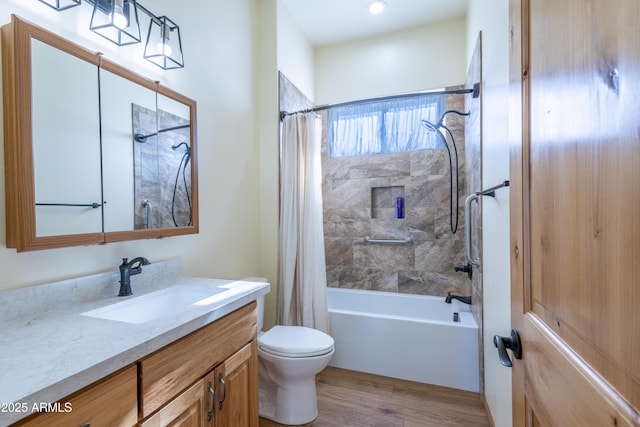 full bathroom with toilet, vanity, shower / bath combination with curtain, and hardwood / wood-style flooring