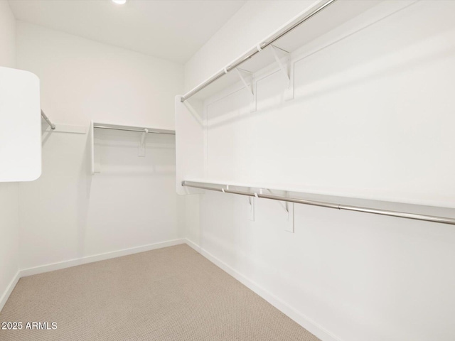 walk in closet with light carpet