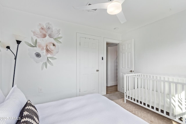 bedroom featuring carpet floors and ceiling fan