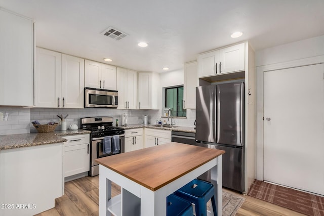 kitchen featuring white cabinetry, a sink, wood counters, and appliances with stainless steel finishes