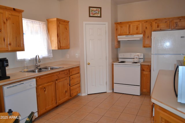 2740 E Walnut Dr, Show Low, AZ 85901 - kitchen with white appliances, under cabinet range hood, a sink, light countertops, and light tile patterned floors