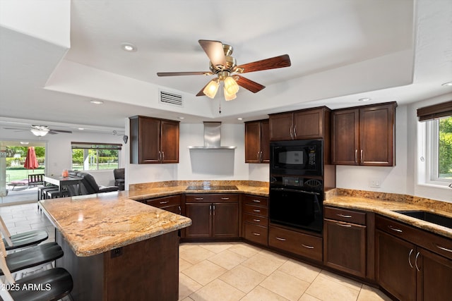 10532 W Catalina Dr, Avondale, AZ 85392 - kitchen featuring black appliances, a ceiling fan, a raised ceiling, a peninsula, and healthy amount of natural light