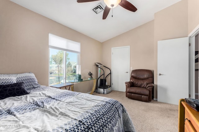 bedroom with lofted ceiling, ceiling fan, carpet, and visible vents