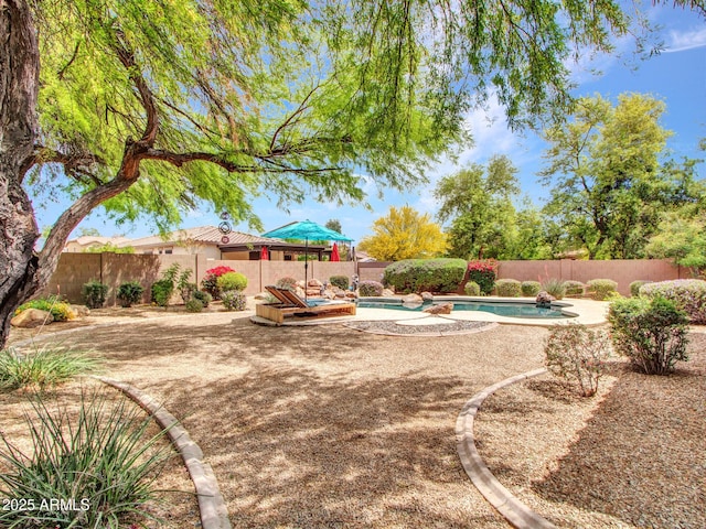 view of yard featuring a fenced backyard, a patio, and a fenced in pool
