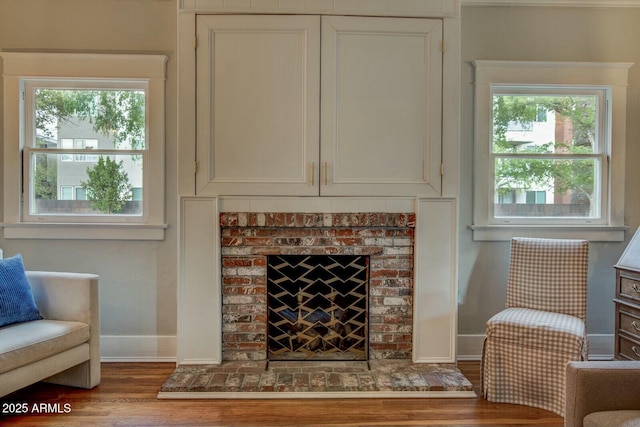 details with baseboards, wood finished floors, and a fireplace