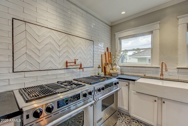 kitchen with a sink, high end stainless steel range oven, backsplash, white cabinets, and crown molding