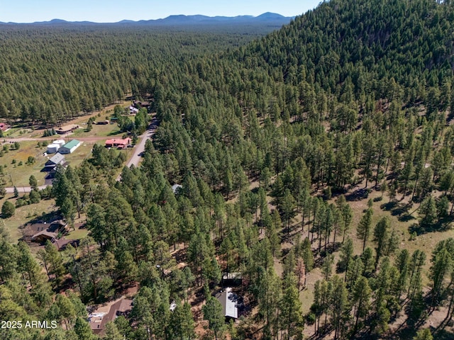 birds eye view of property with a forest view and a mountain view