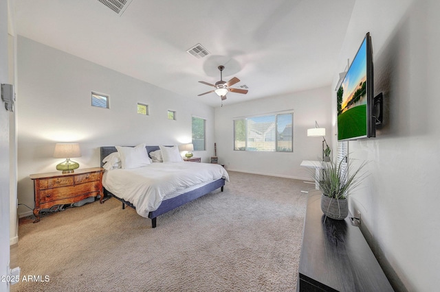 bedroom with baseboards, ceiling fan, carpet, and visible vents