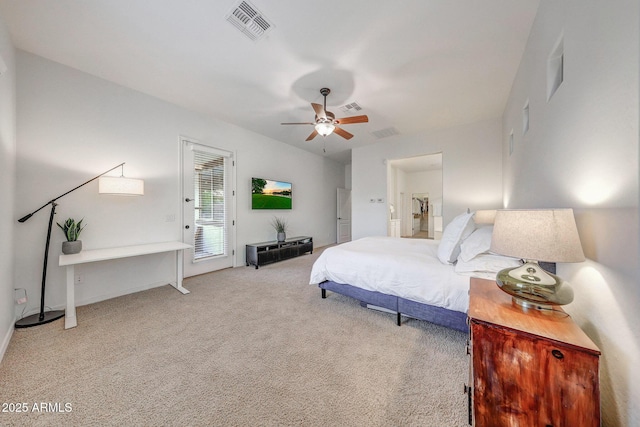 bedroom with carpet flooring, access to outside, ceiling fan, and visible vents