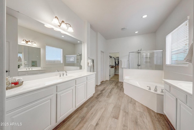 bathroom with wood finished floors, a bath, two vanities, a sink, and a stall shower