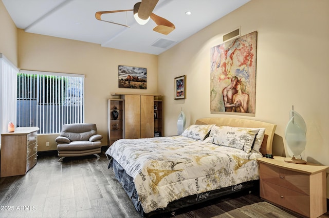 bedroom with ceiling fan, visible vents, wood finished floors, and recessed lighting