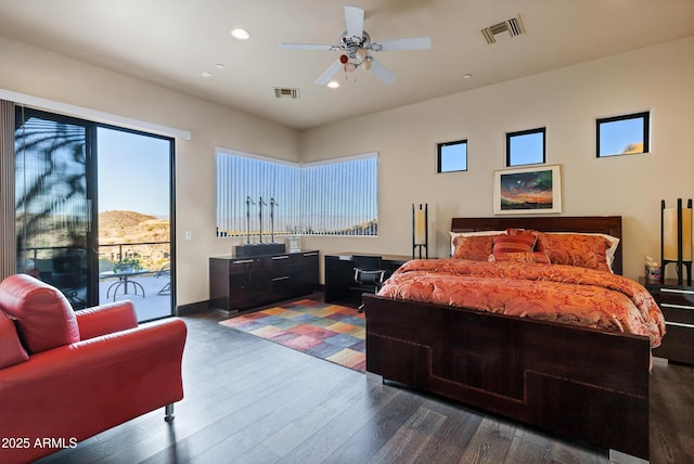 bedroom featuring access to outside, visible vents, recessed lighting, and wood finished floors