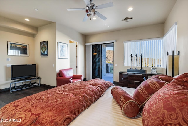 bedroom with access to exterior, recessed lighting, visible vents, ceiling fan, and baseboards