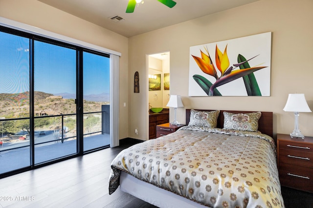 bedroom with access to exterior, visible vents, ceiling fan, and wood finished floors