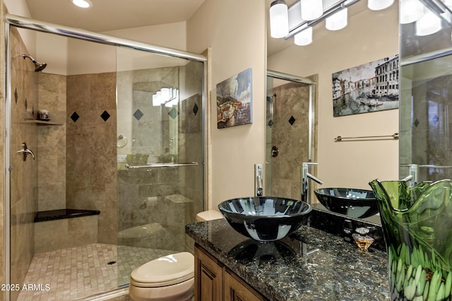 full bathroom featuring toilet, a shower stall, and vanity