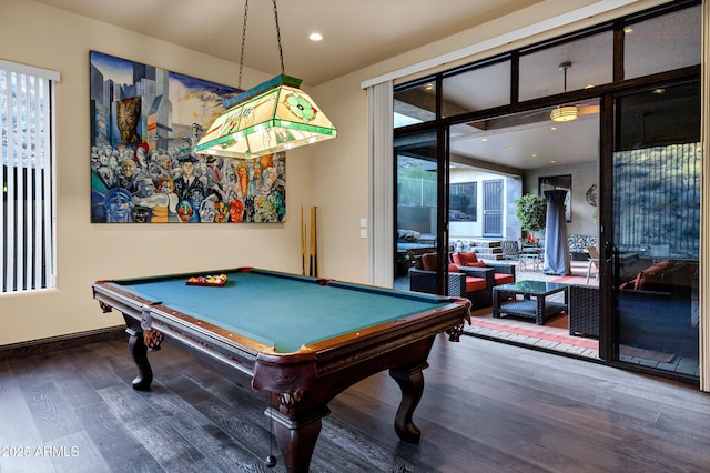 recreation room featuring pool table, wood finished floors, and recessed lighting