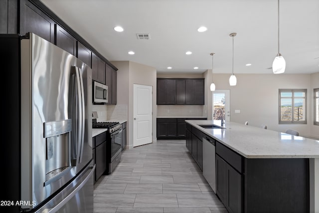 kitchen featuring backsplash, stainless steel appliances, a kitchen island with sink, sink, and decorative light fixtures