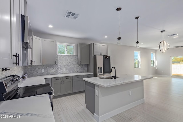 kitchen with an island with sink, hanging light fixtures, stainless steel appliances, backsplash, and sink