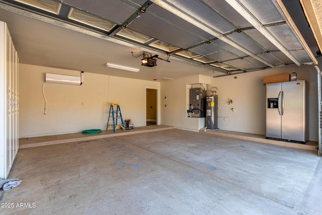 garage featuring heating unit, water heater, a garage door opener, and stainless steel fridge with ice dispenser