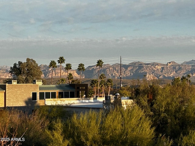 exterior space with a mountain view and metal roof