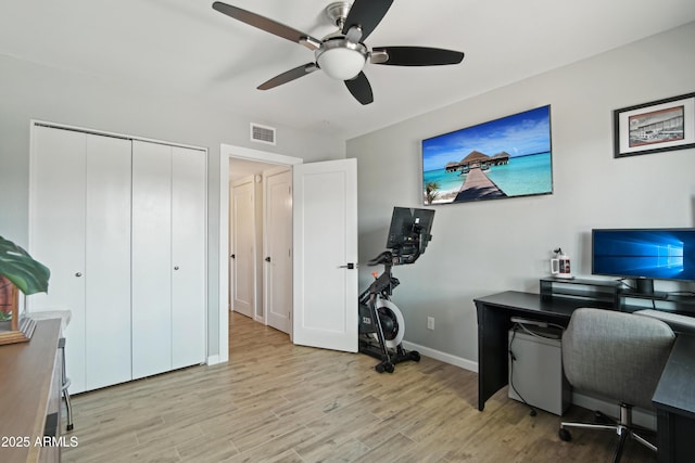 8730 E Montecito Ave, Scottsdale, AZ 85251 - home office featuring visible vents, light wood-style flooring, baseboards, and ceiling fan