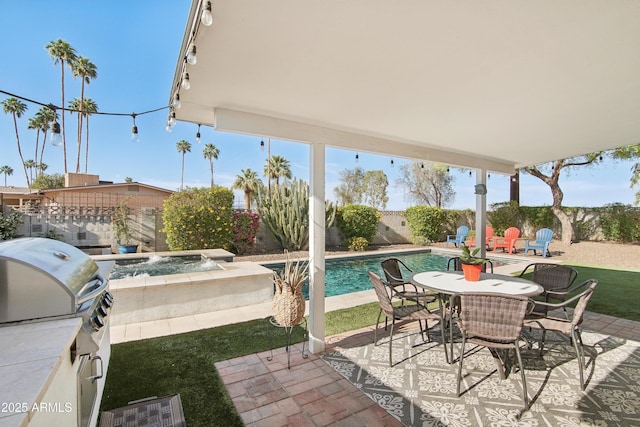 8730 E Montecito Ave, Scottsdale, AZ 85251 - view of patio featuring an in ground hot tub, a fenced in pool, outdoor dining area, and a fenced backyard